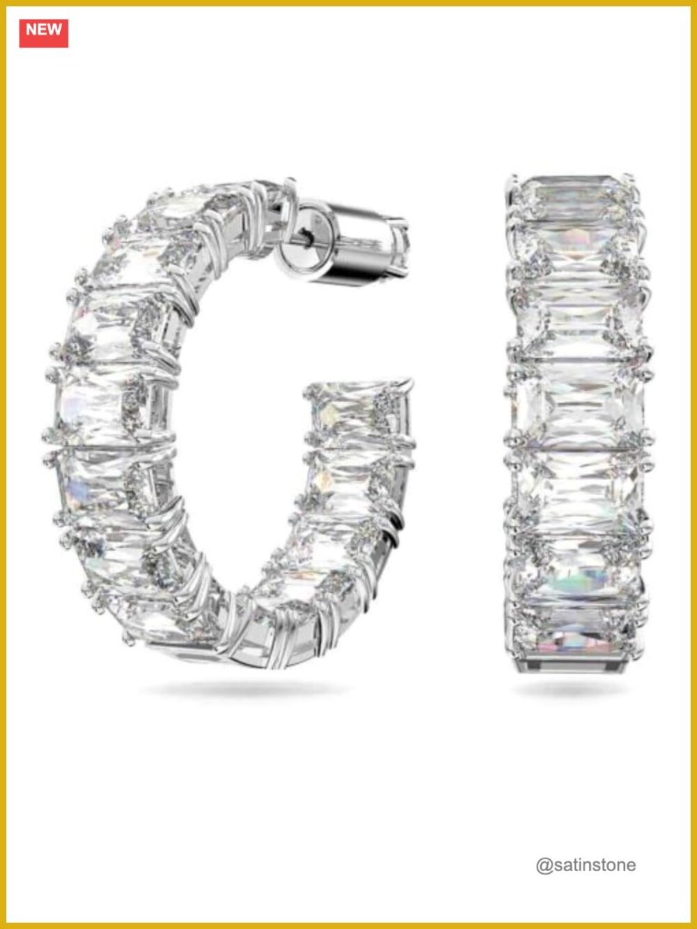 Crystal Hoop Earrings Rhodium Plated Octagon Cut Lever Back